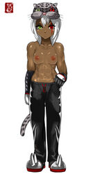 abs animal_ear breasts dark_skin female gloves heterochromia muscle topless white_hair zangi