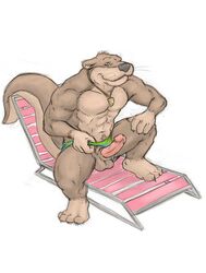 anthro balls erection furry holcomb lawn_chair looking_at_viewer male male_only mudwolfy mustelid necklace no_humans otter penis shell sitting_down solo swimming_trunks swimsuit