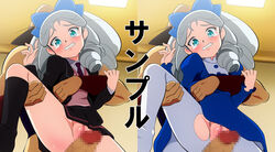 1boy bald battle_spirits battle_spirits:_shounen_toppa_bashin blue_eyes blush bow censored clenched_teeth clothing dress drill_hair female hairbow leg_lift looking_down mosaic_censoring necktie no_panties pantyhose penis pussy sagamimok sample sawaragi_kyouka skirt spread_legs sweat tear torn_clothes white_hair