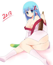 2013 blue_eyes blue_hair blush breasts dildo female kimono looking_at_viewer nipples pussy snake solo tanuxu uncensored