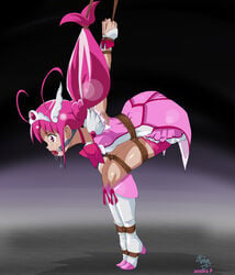 aozora_p arms_behind_back ball_gag bike_shorts black_background bondage boots clothing crown cure_happy dress female gag gagged helpless hoshizora_miyuki long_hair magical_girl pink_eyes pink_hair precure pretty_cure rope saliva shorts simple_background small_breasts smile_precure solo strappado suit tears tied_hair twintails