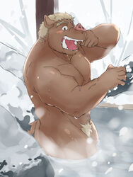 anthro bathing blush boar happy_trail kemono looking_at_viewer male male_only muscles nude porcine sauna snow snowing solo tongue train_(artist) wet