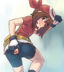 1girls against_wall anal_cutout anus ass ass_cutout back_cutout backless bag bandana belt belt_pouch bike_shorts blue_eyes blush brown_hair cameltoe fanny_pack female female_only from_behind gaping_anus gloves human human_only leg_lift looking_at_viewer looking_back may_(pokemon) no_panties pokemon pouch presenting presenting_anus profile ripped_clothing short_hair small_breasts solo spread_anus stupa13a sweatdrop torn_bike_shorts torn_clothes