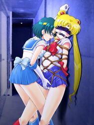 2girls ami_mizuno bishoujo_senshi_sailor_moon bit_gag blindfold blonde_hair blue_eyes blue_hair blush bondage bound bound_arms box_tie choker circlet clothed clothed_female clothing elbow_gloves female female_only femdom femsub fingering gloves knee_boots lezdom multiple_girls nonude panties restrained rope rope_bondage rubbing_pussy sailor_mercury sailor_moon saliva skirt slave small_breasts spark_utamaro tied_up usagi_tsukino yuri