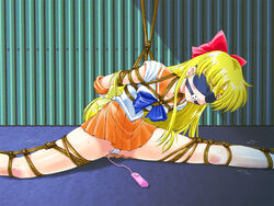 arms_behind_back ball_gag bishoujo_senshi_sailor_moon blindfold blonde_hair blush bondage bow box_tie breast_bondage clothing costume female female_only floor gag gagged gloves hair_ornament human long_hair minako_aino panties rope sailor_venus serafuku skirt small_breasts solo spark_utamaro tied_up vibrator wall white_panties