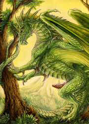 1boy dragon dungeons_and_dragons erection fins green_dragon green_dragon_(d&d) green_skin horn looking_at_viewer male male_only nature nude outside penis rukis scalie smile solo teeth tree wings