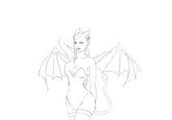 alicekeat bat_wings big_breasts big_hips bodysuit breasts corset demon demon_horns demon_tail demon_wings elandrielm fantasy hair hand_behind_head horns line_art long_hair purple_hair sketch spade_tail stockings succubus tail world_of_warcraft wow