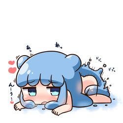 :o ass bangs blue_eyes blue_hair blush chibi commentary_request double_bun eyebrows_visible_through_hair female goo_girl half_slime-chan hana_kazari heart heavy_breathing long_hair lying masturbation monster_girl nose_blush nude on_stomach open_mouth original side_bun sidelocks solo translation_request very_long_hair white_background