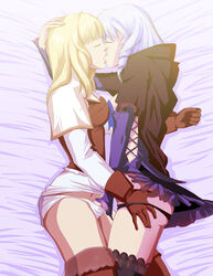 bed black_hair black_stockings blanket blonde_hair brown_boots brown_gloves closed_eyes clothed curled_hair detached_sleeves dress female female_only fingering gloves hand_in_hair hand_in_panties hand_on_head hand_on_thigh human kissing love multiple_females namco panties purple_dress pyrrha_alexandra raliugaxxx romantic rubbing soul_calibur soul_calibur_v stockings thighhighs thighs viola_(soul_calibur) white_hair white_panties yuri