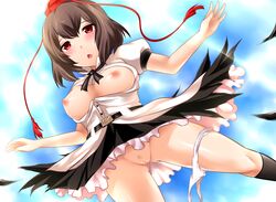 black_hair blush breasts female hat highres large_breasts nipples open_mouth panties panties_around_leg pussy red_eyes shameimaru_aya short_hair skirt sky solo spread_legs tokin_hat torn_clothes touhou unbuttoned underwear upskirt yoshimo