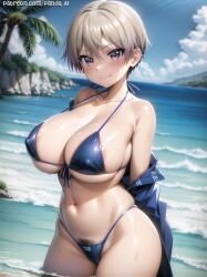 1girls absurd_res ai_generated areola areola_slip areolae beach big_ass big_breasts bikini blue_bikini blue_eyes blush breasts cameltoe cleavage female high_resolution highres huge_breasts large_breasts looking_at_viewer navel nipple_slip nipples palm_tree panda-ai panda_ai petite pubic_hair short_hair silver_hair smaller_female smile stable_diffusion thick_thighs uzaki-chan_wa_asobitai! uzaki_hana wet