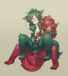 anal anthro balls blue_eyes blush canine cock_ring fur furry gay green_eyes green_fur green_hair hair horn humanoid_penis jewelry kosian male open_mouth penis precum red_fur red_hair reverse_cowgirl_position sex