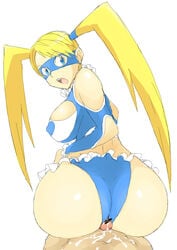 ass blonde_hair blue_eyes breasts bushizo buttjob censored cum erect_nipples female highres huge_ass human long_hair looking_back lying male mask open_mouth penis pointless_censoring pov rainbow_mika sideboob simple_background sitting small_penis straight street_fighter street_fighter_alpha street_fighter_alpha_3 tied_hair twintails white_background