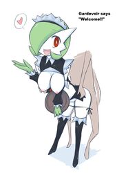 anthro big_breasts boots breasts clothes female gardevoir hair_over_one_eye headdress heart high_heels human ikanomaru interspecies looking_at_viewer maid maid_uniform male nintendo nipples open_mouth plate pokemon pokemon_(species) pokemon_rse pokemorph pokephilia red_eyes shirt shirt_lift simple_background standing straight text translated video_games