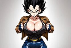 1female 1girls ai_generated artstyle_imitation barely_clothed barely_visible_breasts barely_visible_nipples black_eyes black_top black_topwear blue_jeans breasts dragon_ball dragon_ball_deliverance dragon_ball_gt dragon_ball_z exposed_breasts exposed_nipples female female_alien female_focus female_humanoid female_only female_saiyan female_vegeta first_porn_of_franchise flashing flashing_breasts genderbent genderswap_(mtf) girly illustrious_(stable_diffusion) jacket jacket_only jeans looking_at_viewer muscular muscular_female no_background rule_63 saiyan saiyan_female self_upload solo solo_female solo_focus spiked_hair spikey_hair staring staring_at_viewer vegeta woman_focus woman_only woman_solo