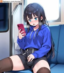 acidai ai_generated bangs black_hair blue_eyes blush boner_in_pants bulge_through_clothing cute drooling femboy feminization feminized hypnotized long_hair nipples_visible_through_clothing public_exposure shorts sports_shorts sweater thick_thighs thighhighs train_interior
