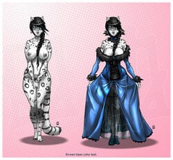 anthro big_breasts black_hair blue_eyes breasts clothing dress eirwen_vaan feline female fur furry hair kamina1978 leopard looking_at_viewer model_sheet nipples nude pussy shoes snow_leopard solo spots stockings stripes