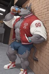 abs ai_generated alternate_costume bara biceps big_muscles clothing crash_(series) crash_team_racing_nitro-fueled drinking ear_piercing footwear gay glowing_eyes halloween jacket jipipit letterman_jacket male male_only manly muscular_anthro muscular_arms muscular_male muscular_thighs official_alternate_costume orange_sclera pants pecs piercing shoes smile tail tail_tuft thylacine tiny_tiger torn_clothing video_games werewolf werewolf_tiny_tiger yaoi