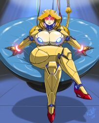 1girls 2020 alternate_species android artist_name bangs bare_shoulders big_breasts blonde_hair blue_background bracelet breasts chair crossed_legs curvy eyelashes eyewear female female_focus female_only full_body glowing_bracelet glowing_nipples half-closed_eyes high_heels highres hips huge_breasts large_breasts lips lipstick long_hair looking_at_viewer makeup milf mrs_bull naked_footwear nipples nude original original_character pinup robot seductive shonuff signature simple_background sitting sitting_on_chair smile solo solo_female spotlight tail thick_thighs tinted_eyewear visor voluptuous wide_hips wire yellow_body