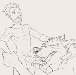 anthro balls beard canine dragondrawer ear_piercing facial_hair feral gay human interspecies licking male monochrome nipples oral penis penis_piercing piercing prince_albert_piercing pubes teeth toned tongue video_games warcraft werewolf wolf worgen world_of_warcraft