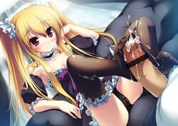 black_legwear black_panties blonde_hair blush censored cum cum_on_body cum_on_lower_body feet footjob highres legs long_hair maid massan001 no_shoes original panties penis precum red_eyes sitting smile tied_hair toes twintails underwear