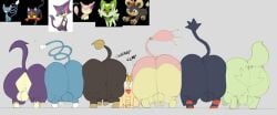 anthro balls biped black_body black_fur butt feral fur generation_1_pokemon generation_7_pokemon generation_9_pokemon genitals green_body green_fur green_tail group litten male meowth nintendo open_mouth paws pink_body pink_fur pokemon pokemon_(species) purple_body purple_fur purple_tail quadruped rear_view simple_background sprigatito sushiamazing tail tan_body tan_fur text