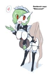 anthro big_breasts boots breasts clothes cum cum_in_mouth cum_on_breasts cum_on_face female gardevoir headdress heart high_heels human ikanomaru interspecies looking_at_viewer maid maid_uniform male nintendo nipples open_mouth plate pokemon pokemon_(species) pokemon_rse pokemorph pokephilia red_eyes shirt shirt_lift simple_background standing straight text translated video_games