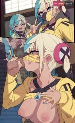 baggy_pants black_hair blonde_hair blue_eyes blue_hair blue_nails blunt_bangs canari_(pokemon) canary_(pokemon) face_mask fellatio female hologram jacket kakure_eria long_sleeves mask_down mask_lift masked_female multicolored_hair multiple_views nail_polish painted_nails pants pokemon pokemon_legends:_z-a saliva saliva_string selfcest shirt shirt_lift twintails v_sign yellow_nails zipper zipper_pull_tab