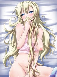 aqua_eyes blonde_hair blue_eyes blush boku_wa_tomodachi_ga_sukunai bottomless breast_slip breasts female highres human large_breasts long_hair looking_at_viewer lying mameshiba masturbation nipples on_back one_breast_out pants_pull pussy_juice sena_kashiwazaki smelling solo sweat wig