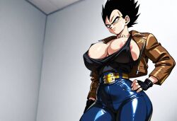 1female 1girls ai_generated artstyle_imitation barely_clothed barely_visible_breasts barely_visible_nipples black_eyes black_top black_topwear blue_jeans breasts dragon_ball dragon_ball_deliverance dragon_ball_gt dragon_ball_z exposed_breasts exposed_nipples female female_alien female_focus female_humanoid female_only female_saiyan female_vegeta genderbent genderswap_(mtf) girly illustrious_(stable_diffusion) jacket jacket_only jeans muscular muscular_female rule_63 saiyan saiyan_female self_upload simple_background solo solo_female solo_focus spiked_hair spikey_hair vegeta woman_focus woman_only woman_solo