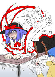 1boy 1futa ahe_gao belt blue_hair blush cum ejaculation futanari gloves handjob hat iku_nagae intersex kurenai_yuuji male_on_futa milking_table penis penis_milking purple_hair red_eyes ribbon saliva short_hair skirt tongue touhou