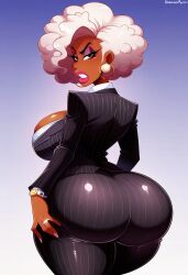 afro ai_assisted ai_generated bedroom_eyes breasts brown_eyes bubble_butt business_suit cowboy_shot curly_hair curvy dark-skinned_female doberman1313 female fingernails formal from_behind huge_ass jewelry large_breasts lipstick long_eyelashes long_sleeves looking_at_viewer looking_back makeup mature_female mole pant_suit pinstripe_pattern shiny_lips shiny_skin short_hair solo striped thick_lips thick_thighs very_dark_skin watch wedding_ring white_hair wide_hips window wristwatch