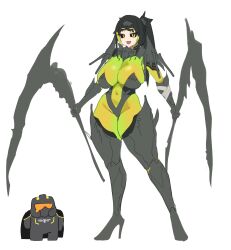 1boy 1girls amber_eyes armor big_breasts bile_titan black_hair black_sclera bracers clothing_request cuisse cuisses dual_wielding elbow_gloves female female_focus front_view gauntlet gauntlets gorget greaves green_body green_hair green_skin grey_armor gya_rb helldiver_(helldivers) helldivers helldivers_2 high_heels inner_hair larger_female leotard light-skinned_female lime_body long_hair looking_at_viewer mismatched_eyebrows overflowing_breasts ponytail scythe slit_pupils smaller_male standing stiletto_heels thick_thighs thighhighs two-tone_hair two-tone_skin two_tone_hair two_tone_skin vambraces white_background yellow_eyebrows yellow_eyes