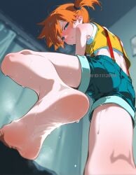ai ai_art ai_assisted ai_generated barefoot blush blushed_soles blushing_at_viewer bottom_view feet foot_fetish foot_focus groudonn kasumi_(pokemon) legs nintendo pokemon soles soles_with_toes_unseen sweat sweatdrop sweaty_feet sweaty_legs
