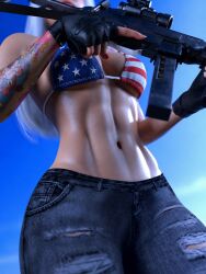1girl 2026 3d abs alternate_version_available american_flag_bikini american_flag_bikini_top arm_tattoo bare_midriff bikini bikini_top clothed clothing depth_of_field female female_only fingerless_gloves gloves grey_hair gun holding_gun holding_object holding_rifle holding_weapon jeans long_hair necklace original original_character outdoors outside pinup rifle solo solo_female standing tattoo viewed_from_below white_hair wide_hips