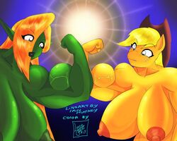 anthro applejack_(mlp) biceps big_breasts breasts collaboration color equine female flexing freckles friendship_is_magic green_skin hair hat horse huge_breasts humanoid lon40 mane marauder6272 muscles muscular_female my_little_pony nipples pointy_ears pony shrapnel_(character) smooth_skin veins