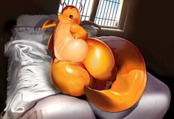 2012 ambiguous_gender arm_support bed belly big_belly blush chubby detailed dragon dragonite feral gasper hi_res looking_at_viewer lying nintendo on_back orange_body pillow pokemon pokemon_(species) pose room shiny solo stockings thick_thighs thigh_highs video_games wide_hips window