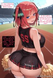 ai_generated ass back bangs bare_shoulders blue_eyes blunt_bangs blush breasts cheerleader curvaceous curvaceous_body curvy curvy_body curvy_female english_text female go-toubun_no_hanayome hair_ornament hair_ribbon large_breasts looking_at_viewer nakano_nino pleated_skirt pom_poms ribbon scinna self_upload shirt skirt sleeveless sleeveless_shirt speech_bubble stable_diffusion sweat thighhighs
