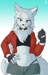 2023 absurd_res angry anthro canid canine chest_tuft clothed clothing collar cross-popping_vein digital_media_(artwork) female fingerless_gloves fist fur gloves gradient_background hand_on_hip handwear hi_res jacket looking_at_viewer mammal midriff red_clothing scar signature simple_background solo teeth topwear tuft velvela white_body white_fur whitev yellow_eyes