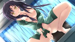 black_hair blush breasts game_cg long_hair mizuki_runa navel nipples no_bra nopan open_clothes open_shirt purple_software pussy_juice shiawase_kazokubu shirt uncensored vagina yellow_eyes yuuki_makoto