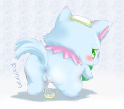 1girls anthro anus ass bent_over blush feline female female_only from_behind fur furry glass green_eyes jewelpet jewelpet_(species) looking_back milky_(jewelpet) peeing pussy raised_tail solo suvaru urine watersports