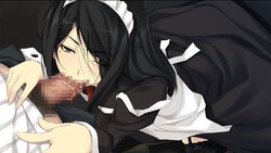 black_eyes black_hair caucasus_nanatsuki_no_nie censored fellatio female game_cg garter_belt innocent_grey kneeling long_hair looking_up maid maid_headdress mole oral penis saliva standing thighhighs wink