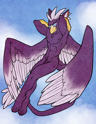 2015 avian blue_eyes feathers flaccid fur gryphon looking_at_viewer male naughty_face nipple_piercing nipples nude penis piercing pinup pose purple_fur purple_penis solo toned vertigo wings ziblie