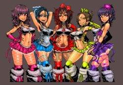 5girls blue_hair brown_hair collar fingernails fishnets hair_ornament looking_at_viewer midriff nail_polish navel_piercing open_mouth piercings purple_hair shiny_skin skirt smile tagane tagme tight_clothes