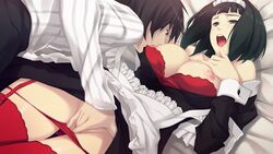 bed black_hair breasts caucasus_nanatsuki_no_nie censored female fingering game_cg green_eyes innocent_grey large_breasts lying maid maid_headdress nipples open_mouth panties panty_pull red_panties saliva short_hair underwear