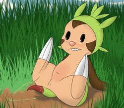 belly chespin female female_only furry grass navel nintendo peeing pokemon pussy sitting solo spread_legs spreading urine ziyen