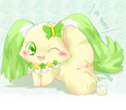 1girls anus ass blush chibi cute female female_only feral fur golden_shower green_eyes jewelpet jewelpet_(species) one_eye_closed one_leg_up peeing peridot_(jewelpet) pussy simple_background solo spread_legs spreading suvaru urine watersports wink