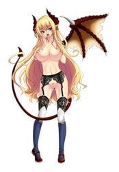 blonde_hair breasts demon_girl enoko_(zqfebi) fangs ga_no_kitsune highres horns large_breasts long_hair long_tongue monster_girl nipples pubic_hair pussy simple_background single_wing succubus tail tongue uncensored white_background wings