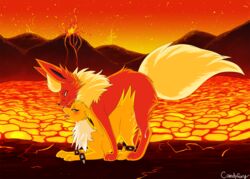 2013 ambiguous_gender ass_up blush candyfoxy color cum cum_inside day doggy_style feral flareon from_behind fur jolteon lava male nintendo outdoors pokemon sex video_games volcanic_setting