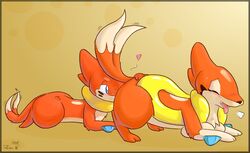 1boy 1girls blue_eyes blush buizel closed_eyes fabuchs female floatzel fur furry heart licking multiple_tails nintendo open_mouth oral pokemon pussy_juice tail tongue